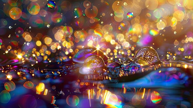 Shimmering iridescent oil droplets in water, mysterious and captivating