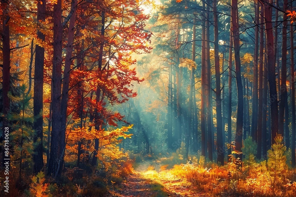 Wall mural Autumn forest nature. Vivid morning in colorful forest with sun rays through branches of trees. Scenery of nature with sunlight. generative ai.