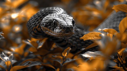 Fototapeta premium CloseUp Shot of a Snake Among Autumn Leaves with Yellow and Black Contrast