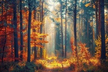 Obraz premium Autumn forest nature. Vivid morning in colorful forest with sun rays through branches of trees. Scenery of nature with sunlight. generative ai.
