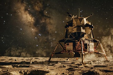 A lunar exploration module with a star-filled sky and a dusty moon surface