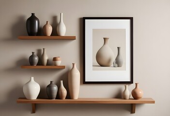 A wall with minimalistic shelves and a collection of beautiful vases on them. Empty vertical frame for wall art mockup. Interior in modern Japanese style. Generative AI
