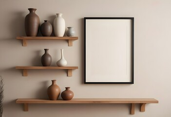 A wall with minimalistic shelves and a collection of beautiful vases on them. Empty vertical frame for wall art mockup. Interior in modern Japanese style. Generative AI