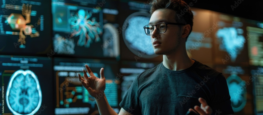 Poster a businessman talks with an ai robot in a futuristic setting, combining advanced technology and huma
