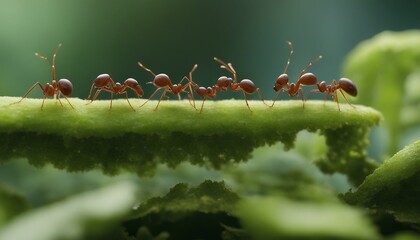 A large ant leads a group of smaller ants walking atop each other, suspended mid-air, moving across leafy greenery. A total of eight insects make for an interesting sight.