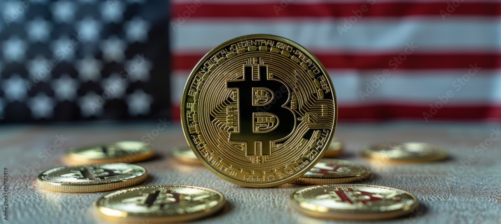Aufkleber bitcoin with america flag background. 4th of july or american independence day. generative ai techno