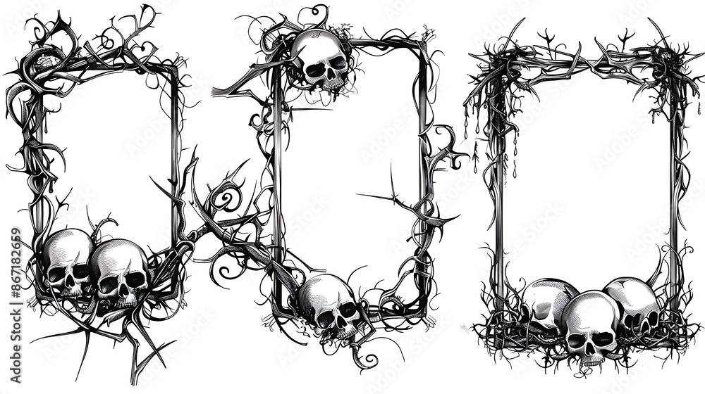 Poster 3 frames in a dark fantasy gothic style illustration with a white background. each frame has skulls 