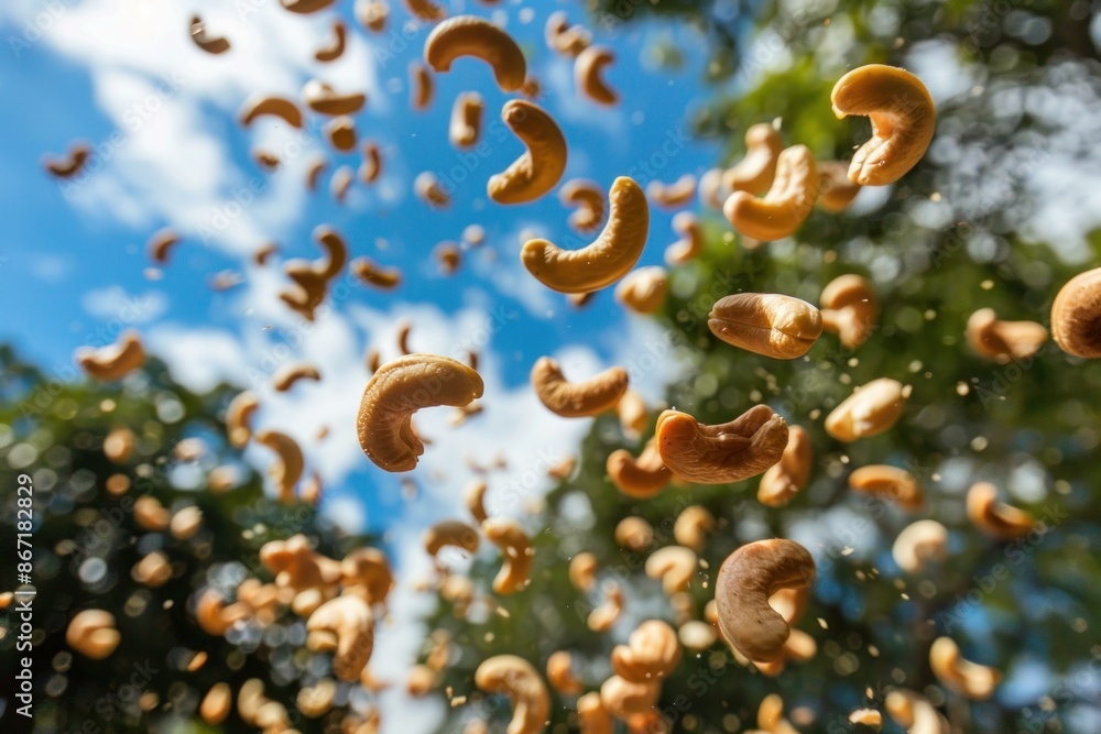 Poster Many cashew nuts falling from the sky on a sunny day with trees in the background