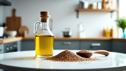 Obraz premium flaxseed oil on a white table with a blurred kitchen b background