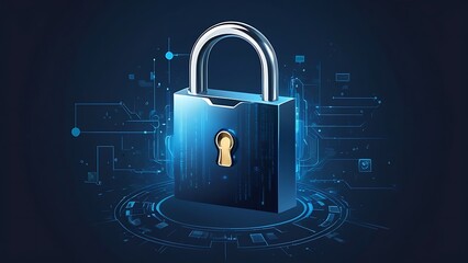 Digital padlock for computing system on dark blue background, privacy data network protection concept