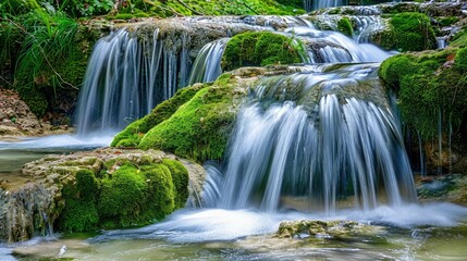 Obraz premium Sparkling crystal-clear waterfalls cascading down moss-covered rocks