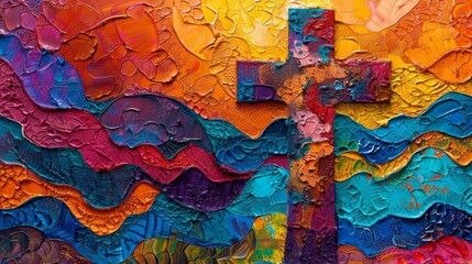 Christian cross in a colorful abstract painting, curvy patterns, painterly textures, vibrant hues, spiritual and dynamic artwork