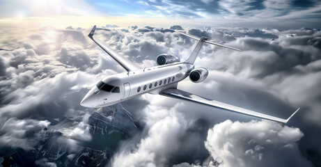 Fototapeta premium Private jet flying above the clouds with mountainous landscape below. Luxury travel and aviation concept. Design for poster, banner, wallpaper
