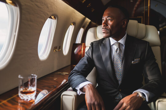 A black businessman dressed in a sharp suit gazes thoughtfully out the window of a private jet, with a glass of whiskey on the table, embodying luxury and executive travel