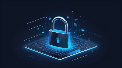 Digital padlock for computing system on dark blue background, privacy data network protection concept