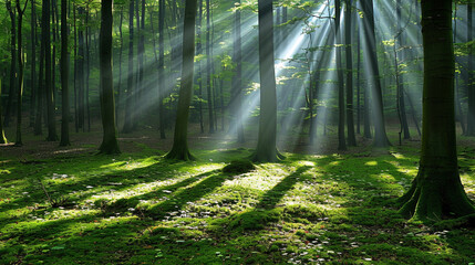 Natural landscape with bright morning sunlight in forest colored by sun rays