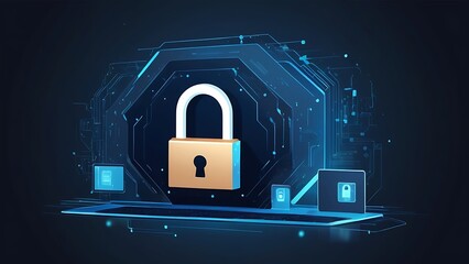 Digital padlock for computing system on dark blue background, privacy data network protection concept