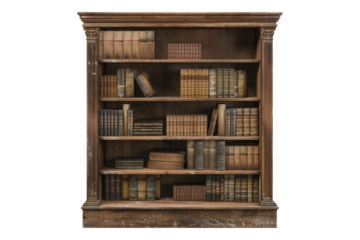 Vintage wood bookcase with books isolated on transparent background