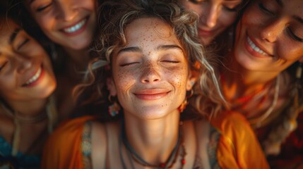 Group of Smiling Young Women Enjoying Sunlight, Embracing Friendship and Happiness with Freckles Celebrating Togetherness