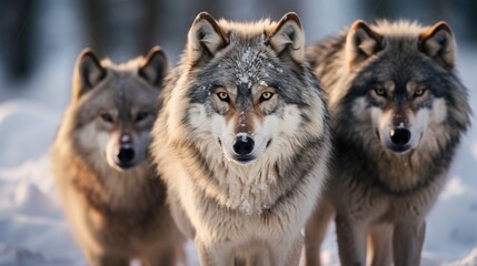 Obraz premium Three Majestic Wolves in Snowy Forest Captured with Intense Gaze