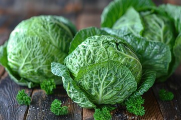 Fototapeta premium Heads of fresh green cabbage. Theme of proper and healthy nutrition and farm harvest