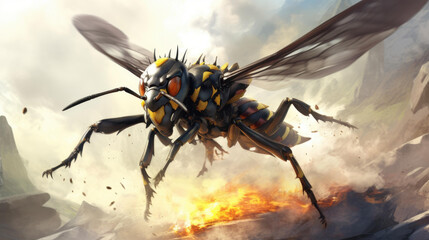 Detailed artwork of a yellow and black wasp with wings spread wide.