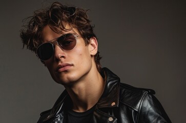 Obraz premium Stylish man in black leather jacket and sunglasses