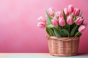 Obraz premium A basket of pink tulips on a table