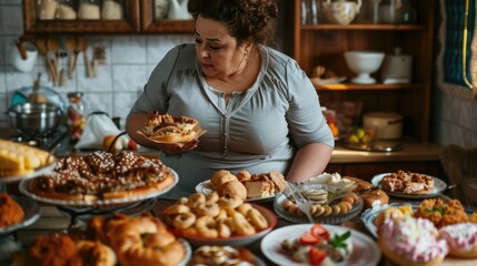 Curvy Woman Resolute in Refusing Calorie Dense Cuisine in Rustic Kitchen Interior