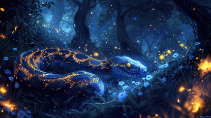 Obraz premium Enchanted Forest with Glowing Snake at Night Magical, Mystical, Fantasy, Bioluminescent, Nature