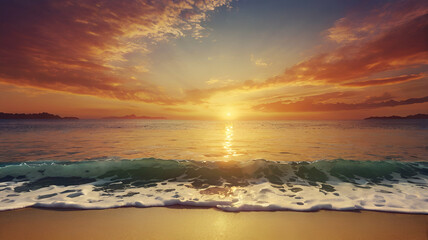 Golden sunrise sunset over the sea ocean waves. Rich in dark clouds, rays of light.