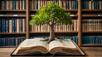 World philosophy day education concept with tree of knowledge planting on opening old big book in library with textbook, stack piles of text archive and aisle of bookshelves in school study class room