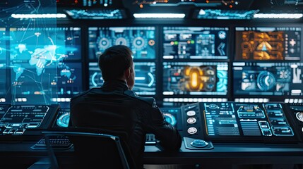 Futuristic Computer Engineer Contemplating Holographic Displays in Cinematic Workspace