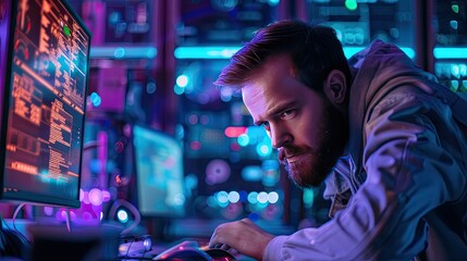 Obraz premium Computer Engineer Conducting Diagnostics on Malfunctioning in Neon Lit Laboratory