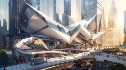 Fototapeta premium Cutting Edge Architectural Transportation Hub with Striking Angular Design and Sustainable Eco Conscious Elements