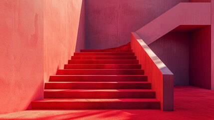 Fototapeta premium Geometric staircase draped in red carpet, leading to a modern podium, abstract design, vivid colors, detailed and eye-catching composition