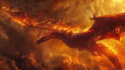 Fototapeta premium Fiery Dragon Unleashing Primal Power in Cinematic Chiaroscuro Landscape