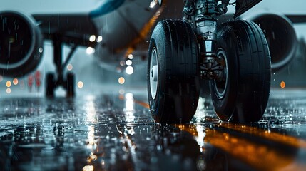Fototapeta premium Powerful Jet Aircraft Taking Off from Runway at Night During Storm