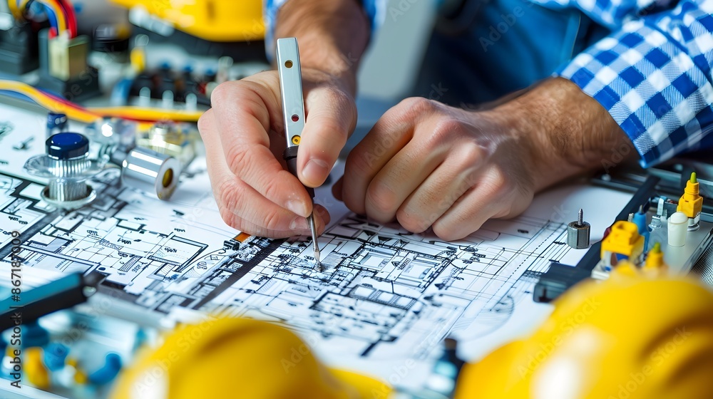 Poster engineer analyzing construction blueprint on workbench with tools and equipment