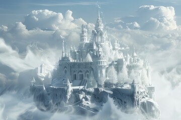 Majestic white castle is floating in the sky above the clouds, evoking a sense of wonder and fantasy