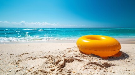 Obraz premium Inflatable ring resting on a sandy beach, bright summer day, clear blue sky, detailed textures, sun-soaked and cheerful atmosphere