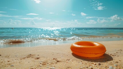 Obraz premium Inflatable rubber ring on a pristine beach, golden sand, clear sky, bright sunlight, detailed and inviting summer scene