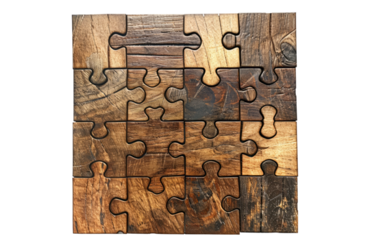 Wooden jigsaw puzzle isolated on transparent background