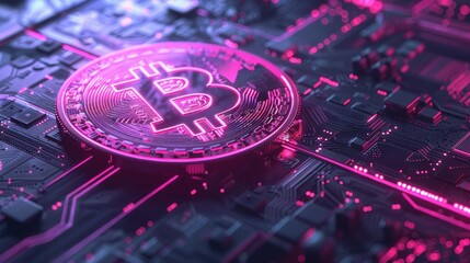 Glowing Neon Bitcoin Symbols and Futuristic Blockchain Technology Patterns