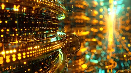 Futuristic Digital Cryptocurrency Bitcoin with Holographic Financial Data Streams and Algorithms