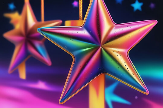 Bright rainbow stars hanging on a string, each star a bright color. Consisting of red, orange, yellow, green, blue, indigo and purple, the star has an acute pentagonal shape.