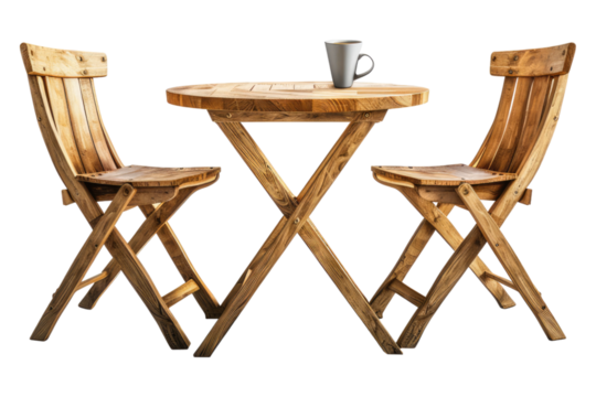 Wooden chair and table with coffee cup isolated on transparent background