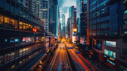 Obraz premium Thriving Cityscape of Towering Skyscrapers and Bustling Urban Activity