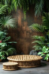 Fototapeta premium Tropical Indoor Setting with Bamboo Furniture and Lush Green Plants Against a Rustic Brown Wall