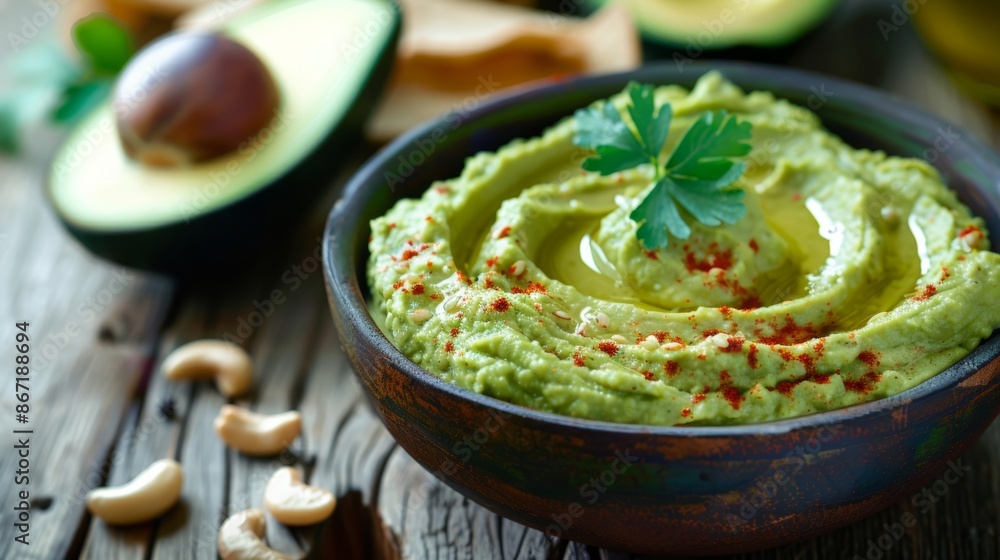 Poster a sful of avocado hummus made with a blend of unrefined and refined avocado oil creating a unique an